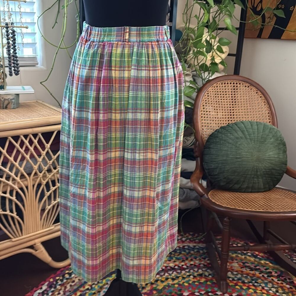 Vintage 80s/90s Susan Bristol Petites Preppy Madras Plaid Button Down Skirt - Picture 2 of 4